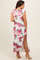 Pink Floral Mesh Ruched Sides Maternity Maxi Dress