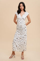 Cream Floral Mesh Ruched Sides Maxi Dress