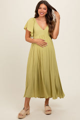 Light Olive V-Neck Flutter Short Sleeve Maternity Midi Dress