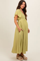 Light Olive V-Neck Flutter Short Sleeve Maternity Midi Dress