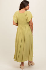 Light Olive V-Neck Flutter Short Sleeve Maternity Midi Dress