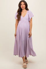 Lavender V-Neck Flutter Short Sleeve Maternity Midi Dress