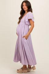 Lavender V-Neck Flutter Short Sleeve Maternity Midi Dress