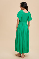 Green V-Neck Flutter Short Sleeve Midi Dress