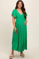 Green V-Neck Flutter Short Sleeve Maternity Midi Dress