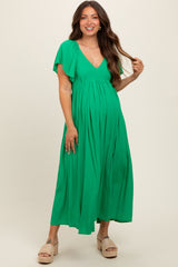 Green V-Neck Flutter Short Sleeve Maternity Midi Dress