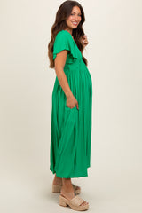 Green V-Neck Flutter Short Sleeve Maternity Midi Dress