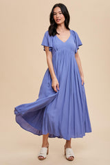 Blue V-Neck Flutter Short Sleeve Maternity Midi Dress