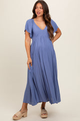 Blue V-Neck Flutter Short Sleeve Maternity Midi Dress