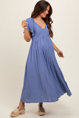 Blue V-Neck Flutter Short Sleeve Maternity Midi Dress