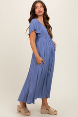 Blue V-Neck Flutter Short Sleeve Maternity Midi Dress