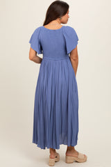 Blue V-Neck Flutter Short Sleeve Maternity Midi Dress