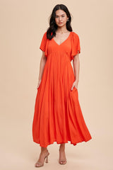 Coral V-Neck Flutter Short Sleeve Midi Dress