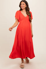 Coral V-Neck Flutter Short Sleeve Maternity Midi Dress