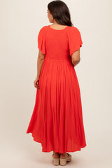 Coral V-Neck Flutter Short Sleeve Maternity Midi Dress