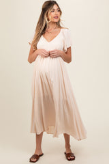 Cream V-Neck Flutter Short Sleeve Maternity Midi Dress