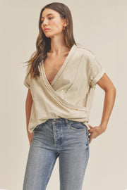 Beige Wrap Short Sleeve Raw Hem Top