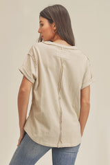 Beige Wrap Short Sleeve Raw Hem Top