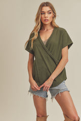 Olive Wrap Short Sleeve Raw Hem Maternity Top