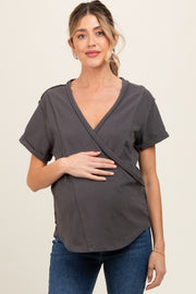 Charcoal Wrap Short Sleeve Raw Hem Maternity Top