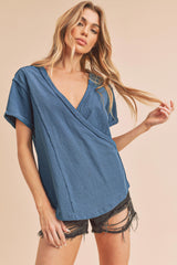 Blue Wrap Short Sleeve Raw Hem Maternity Top