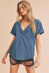 Blue Wrap Short Sleeve Raw Hem Top