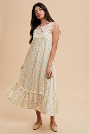 Cream Floral Lace Top Ruffle Hem Midi Dress