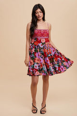 Multi-Color Floral Paisley Square Neck Tie Back Dress