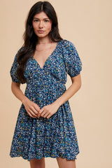 Navy Blue Floral V-Neck Cutout Back Dress