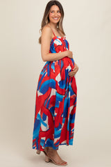 Red Pleated Binding Brushed Print Maternity Maxi Dress