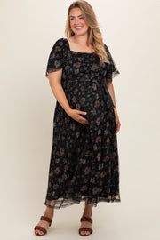 Black Floral Waist Tie Plus Maternity Midi Dress