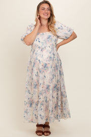 Beige Floral Puff Sleeve Plus Maternity Maxi Dress