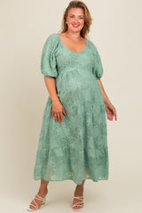 Light Olive Embroidered Leaf Print Striped Maternity Plus Maxi Dress