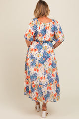 Navy Blue Floral V-Neck Short Puff Sleeve Tiered Maternity Plus Midi Dress