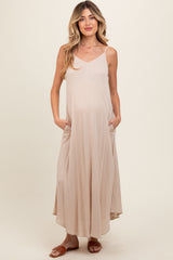 Taupe Lightweight Sleeveless V-Neck Maternity Maxi Dress