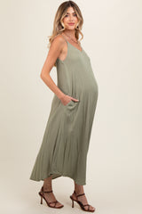 Light Olive Lightweight Sleeveless V-Neck Maternity Maxi Dress