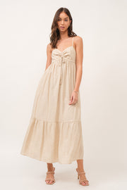 Beige Linen Front Cinch Midi Dress