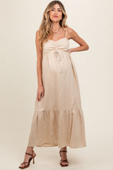 Beige Linen Front Cinch Maternity Midi Dress