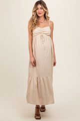 Beige Linen Front Cinch Maternity Midi Dress