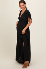 Black V-Neck Drawstring Short Sleeve Side Slit Maternity Maxi Dress