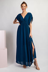 Navy Blue V-Neck Drawstring Short Sleeve Side Slit Maternity Maxi Dress