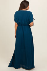 Navy Blue V-Neck Drawstring Short Sleeve Side Slit Maternity Maxi Dress