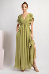 Light Olive V-Neck Drawstring Short Sleeve Side Slit Maternity Maxi Dress