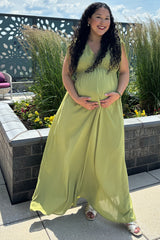 Light Olive V-Neck Drawstring Short Sleeve Side Slit Maternity Maxi Dress