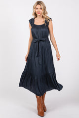 Navy Blue Ruffle Short Sleeve Self Tie Dress