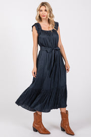 Navy Blue Ruffle Short Sleeve Self Tie Dress