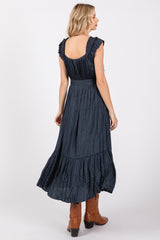 Navy Blue Ruffle Short Sleeve Self Tie Dress