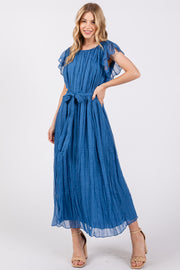 Blue Short Sleeve Crinkle Self Tie Dress