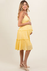 Yellow Ruffle Tiered Cutout Back Tie Maternity Dress