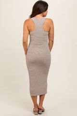 Beige Striped Racerback Henley Maternity Midi Dress